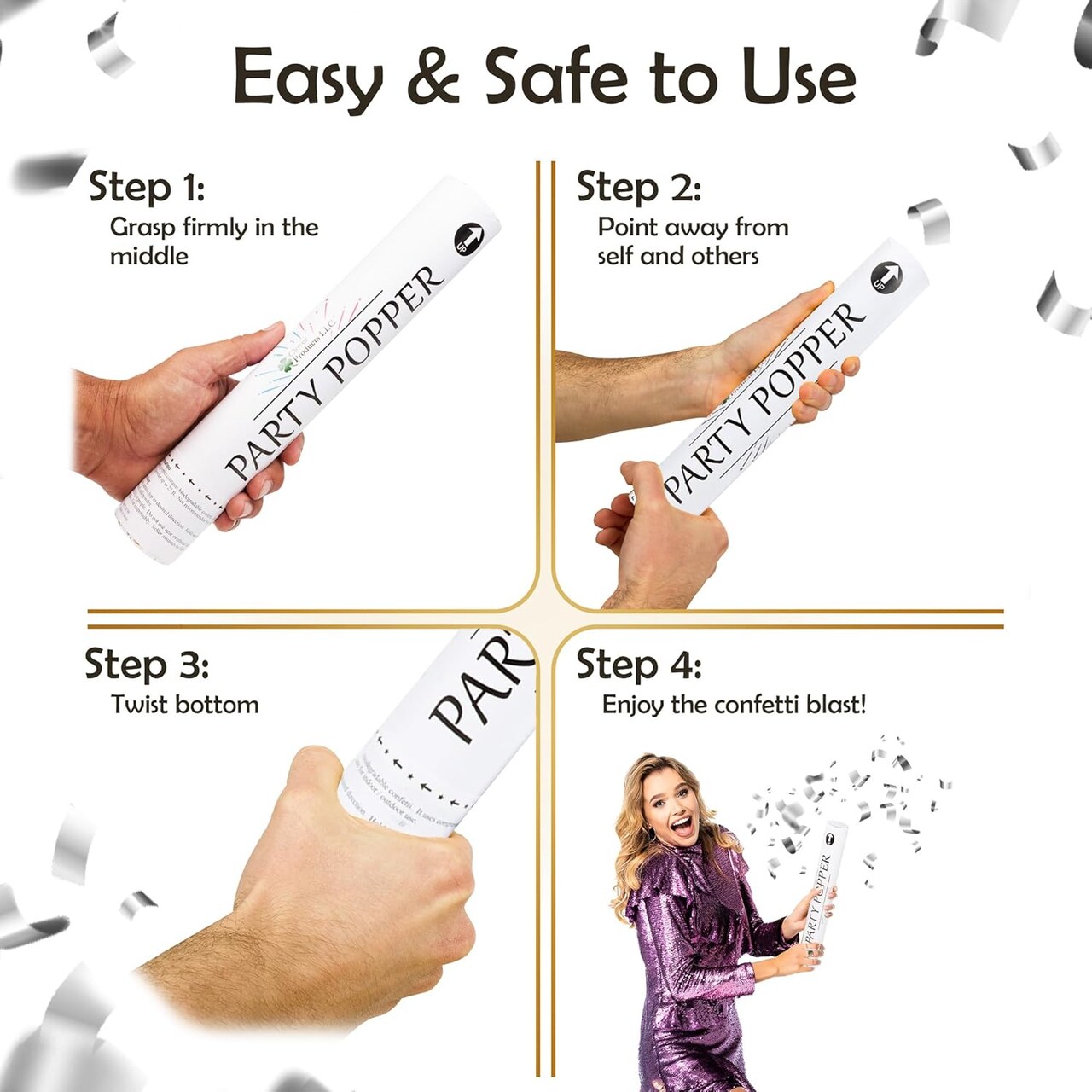 6PCS 12" Silver Mylar Confetti Cannons – Party Poppers for Weddings & Birthdays